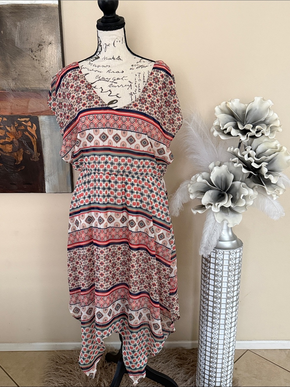 Source Unknown Red and Navy Boho High-Low Dress